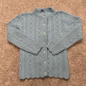 Vintage Wintuk Sweater Womens Medium Blue Cable Knit Button Cardigan Scallop Hem